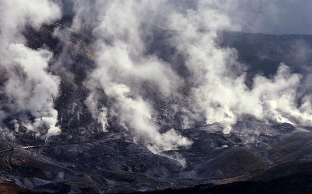 Jigokudani (Hell Valley), where volcanic gases continuously rise from the ground