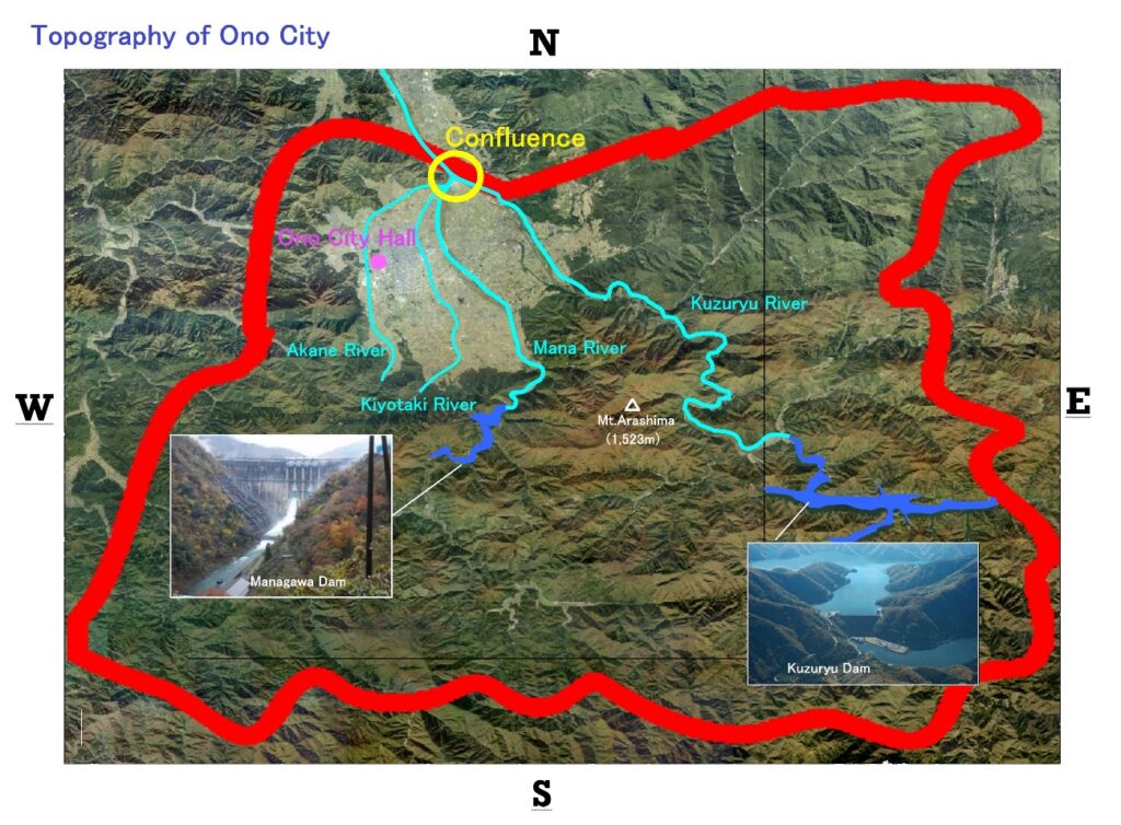 Four major first-class rivers flow through the Ono Basin
from south to north before joining the Kuzuryu River.