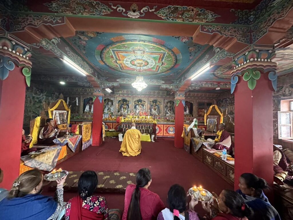 A Japanese monk conducting a Buddhist prayer ceremony at the Tibetan Buddhist temple in Lisank